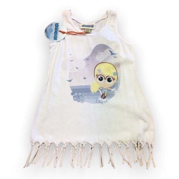 Kidzmoon Girls Swim Coverup Tank Size 3 Kawaii Eyes Fringe White NEW - Picture 1 of 5